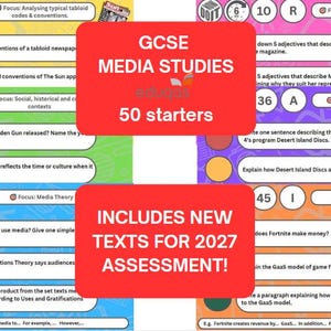 Peut inclure: Une affiche éducative colorée pour les études médiatiques du GCSE, avec des questions et des invites. L'affiche comprend le texte "GCSE MEDIA STUDIES 50 starters" et "INCLUDES NEW TEXTS FOR 2027 ASSESSMENT!"