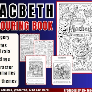 Puede incluir: Un libro para colorear "Macbeth" en blanco y negro con ilustraciones de escenas y personajes de la obra. La portada presenta el título, una corona, un cuervo y una calavera. Páginas adicionales incluyen citas, análisis y resúmenes de personajes.