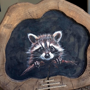 Rustic Raccoon Portrait Hand Painted Wood Art