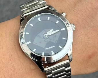 Black Dial Retro Women’s Watch in Fossil Style – Silver Stainless Steel, Minimalist Vintage Look