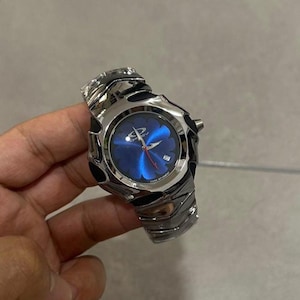 Oakley Timebomb Style X-Metal Blue Dial Watch – Futuristic Polished Stainless Steel Bracelet, Date Display, Custom Collector’s Edition