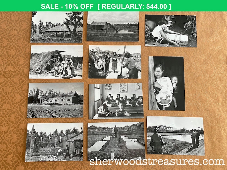 1960/'s Lot Of Eleven Vietnam Village and Center Photos with Typing On back 3 12 x 5 12 Black and White Photos Vietnam War