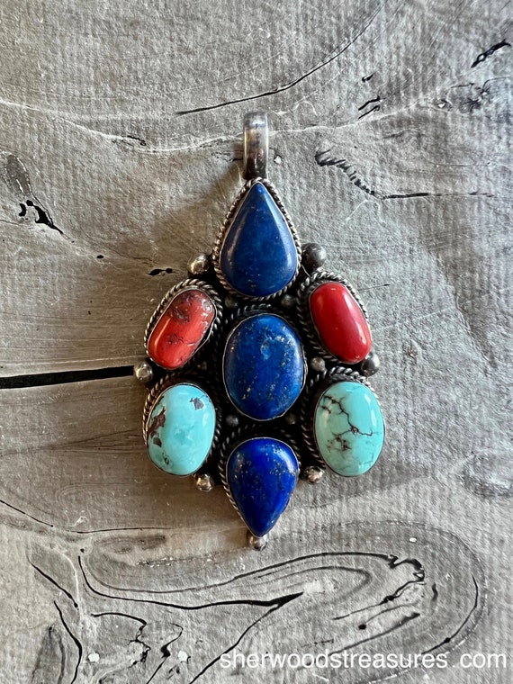 Vintage Coral, Lapis and Turquoise Pure 925 Silve… - image 5