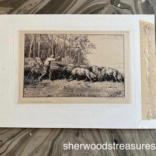 Herd of Swine Coming Out of a Wood Charles Emile Jacque Original  1849  Drypoint Etching Mat Size  8" x 11 1/4"