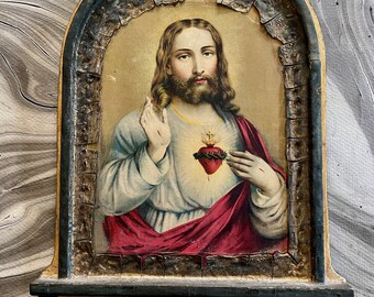 Sacred Heart of Jesus Christ Icon Wood Arched Wooden Plaque  Religious Icon Vintage 8" x 11"