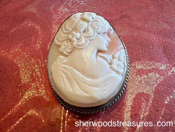 Vintage Cameo Brooch Pin 800 Silver Shell Pink an… - image 1
