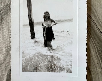 Woman Modeling A Seaweed Skirt 1940s Photo  Black and White  Photograph 3 1/8" x 4 1/8" Ocean Beach