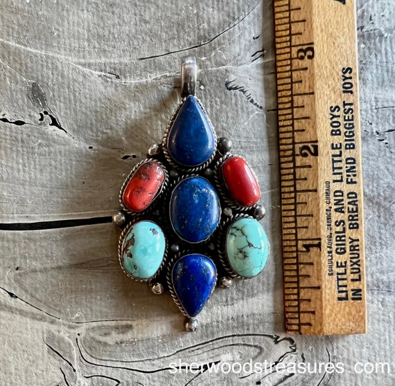 Vintage Coral, Lapis and Turquoise Pure 925 Silve… - image 2