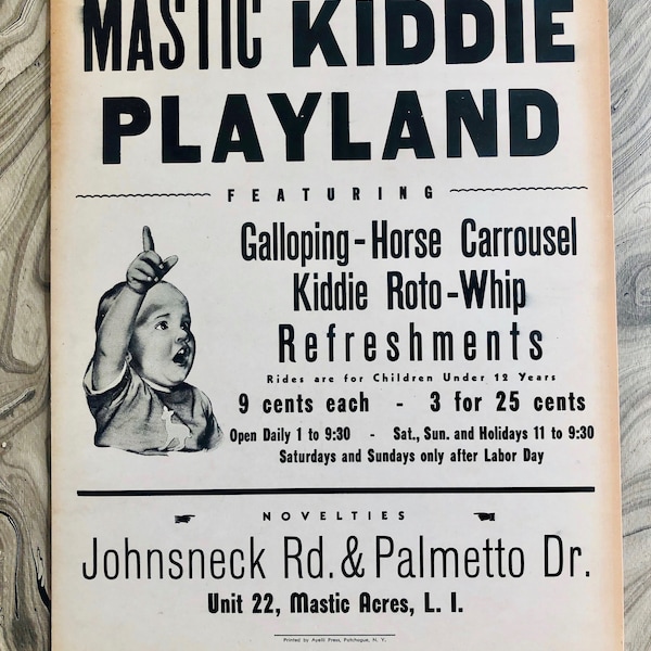 Vintage Sign Mastic Kiddie Playland  11" X 14"  Original On Thick Board North Patchogue Amusement Park Long Island New York Carousel