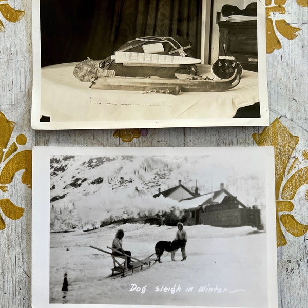 Two Alaskan Eskimo  Old Original  Photographs  Dog Sled In Winter and Eskimo Artifacts 4" x 6"
