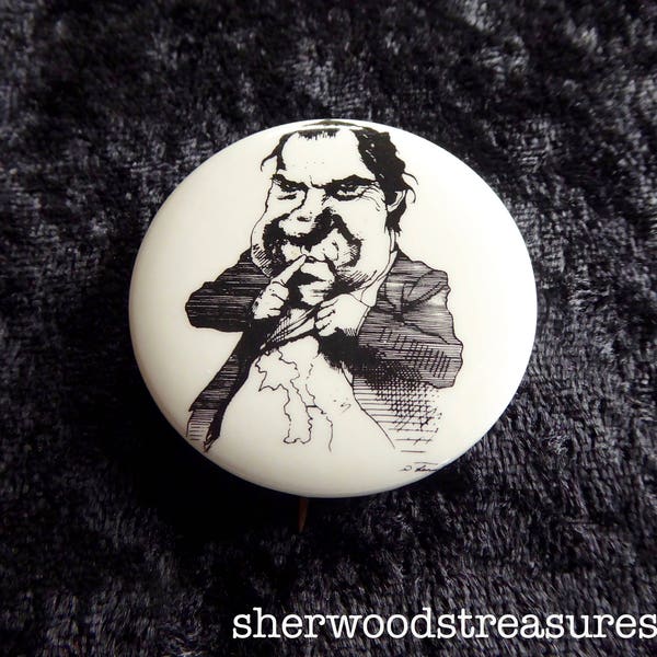 Richard Nixon 1970 SH! Secret Bombing in Vietnam and Cambodia  Agnew Hippie  Era Pinback Button 1 3/4" David Levine