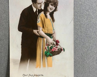 Beautiful French Hand Colored Postcard  Man and Woman with Flowers Circa 1900 Photo