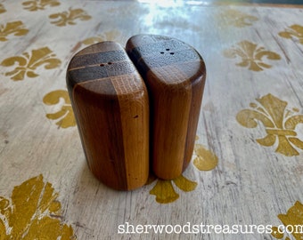 Vintage  Salt and Pepper Shakers 2 3/4" X  3" Inlaid Wood  60's 70's Hippie