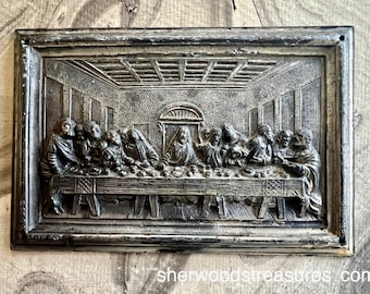 Antique Last Supper Cast Metal  Original Approx  3 3/4" x 5 1/2" Religious Decor Biblical Art APOSTLES Jesus Christ