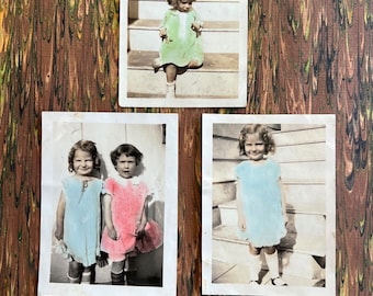 Three Badly Tinted Young Girl Photos  Hand Colored Vintage 2 1/2" x 3 1/2"