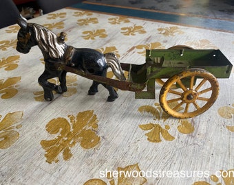 Vintage Original  Cast Iron  Horse And Steel Cart  10"  Antique Made in The USA