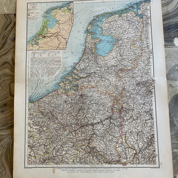 Netherlands Belgium Antique GERMAN Map 1896 Dated  Hand Colored 17 1/2" x 22 3/8" Niederlande Belgien Amsterdam