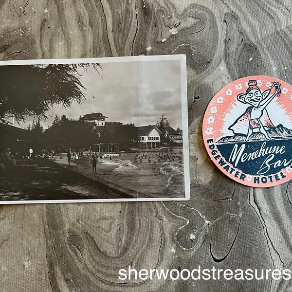 Vintage Waikiki Photo and Menehune Bar Edgewater Hotel Coaster  Original 5" x 7"  Photograph  Hawaii Hawaiiana