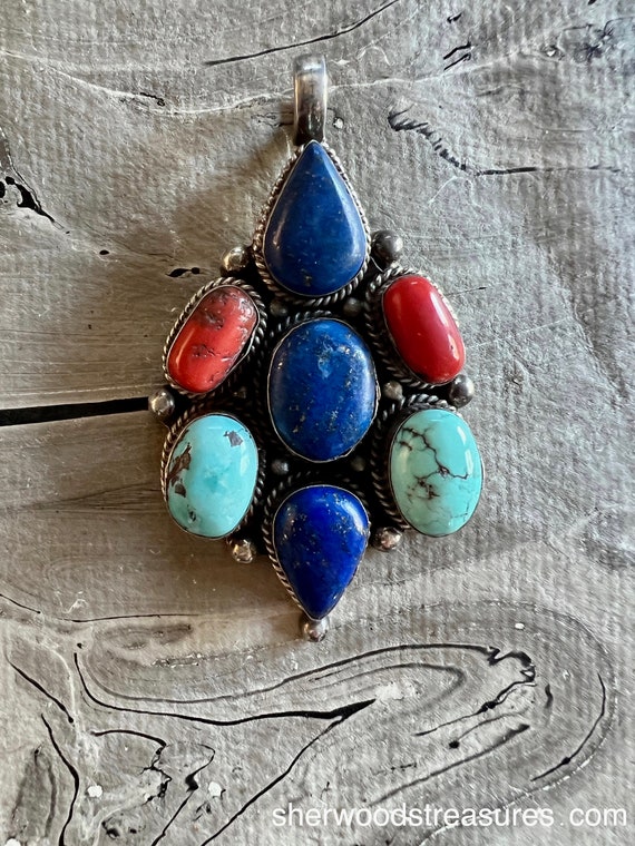 Vintage Coral, Lapis and Turquoise Pure 925 Silve… - image 1