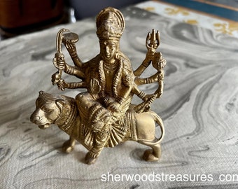 Brass Hindu Goddess Durga Statue Seated on  A Lion with 8 Arms Holding Weapons 5"