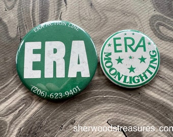 2 Women's Rights Cause Buttons ERA MOONLIGHTING Vintage Orig Pinback Buttons Equality 3" - 2 1/4" ERA Action Line