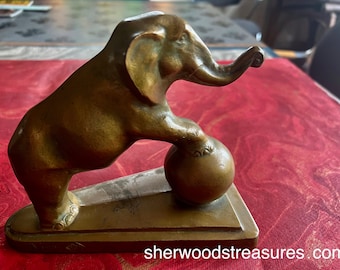 Beautiful Cast Bronze Elephant Standing On A Ball   6" x 7"  Nice Patina Weighs 2 Lbs 6 Oz Bookart Creation Statue 1929