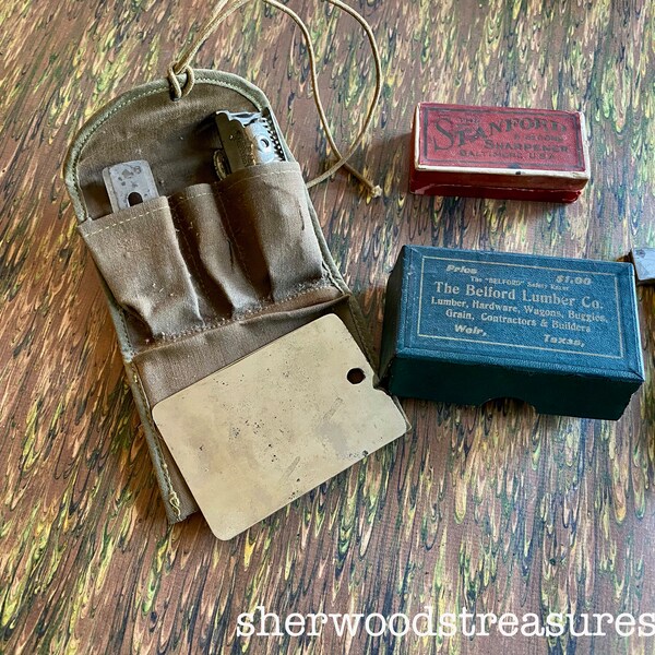 Lot of Vintage Shaving Items Military Kit World War 1 or WWll 1909dated Razor Sharperner