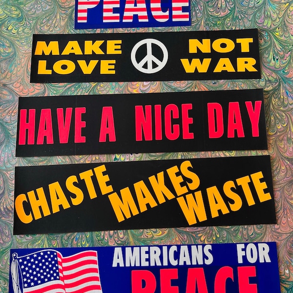 60's FIVE Peace BUMPER STICKERS Hippie L2 Vietnam Era Excellet Unused