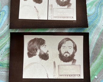 TWO Hippie BEARDED MAN In Overalls Dallas Texas 1970 Mug Shots Criminal  Booking Photos  Glasses On Glasses Off  3 3/8" x 4 3/4" 1970