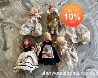 Lot Of Six Vintage ANTIQUE  Dolls 3" Bisque Dresses Storybook 50's