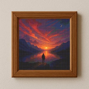 Landschaft, Sonnenuntergang mit Bergen Kreuzstichmuster, sofortiger PDF-Download, Kreuzstichvorlage