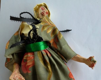 Ceramic Art Doll  with Moving Arms, Handmade Dress