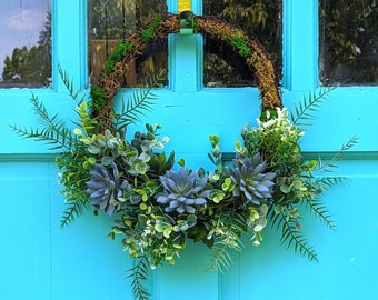 Blue and Green Succulent Wreath, Eucalyptus Wreath, Moss Covered Wreath, Cottage Core Decor, Fall Wreath