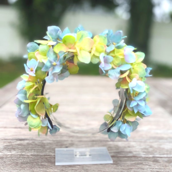 Enchanted Aquamarine Meadow Floral Headband, Blue and Green Hydrangea Floral Headband