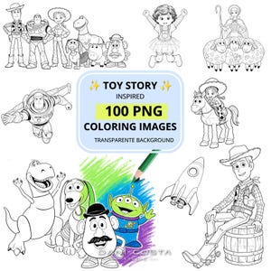 Puede incluir: Una colección de ilustraciones en blanco y negro con personajes de Toy Story, incluyendo un vaquero, un guardián espacial, una vaquera, un dinosaurio, un perro, una figura de patata y ovejas. El texto central dice TOY STORY INSPIRED 100 PNG COLORING IMAGES.