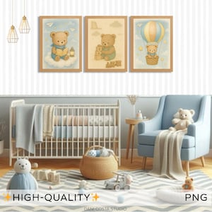 Décoration murale pour chambre de bébé ours en peluche – Ensemble de 3 impressions aquarelles pour chambre de bébé garçon | Format vertical | PNG