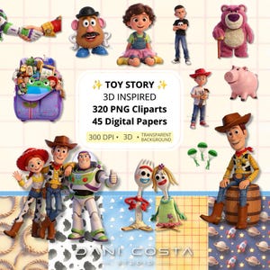Pode incluir: Uma coleção digital de gráficos inspirados em Toy Story 3D com personagens como Woody, Buzz Lightyear, Jessie e Lotso. A imagem inclui o texto TOY STORY 3D INSPIRED 320 PNG Cliparts 45 Digital Papers 300 DPI 3D TRANSPARENT BACKGROUND.