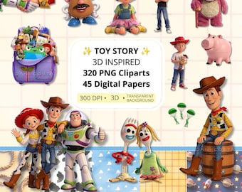May include: A digital collection of Toy Story 3D inspired graphics featuring characters like Woody, Buzz Lightyear, Jessie, and Lotso. The image includes text stating TOY STORY 3D INSPIRED 320 PNG Cliparts 45 Digital Papers 300 DPI 3D TRANSPARENT BACKGROUND.