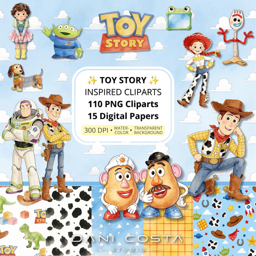 Toy Story Inspired Clipart Bundle, 110 Watercolor PNG Cliparts, 15 Digital Papers, Birthda