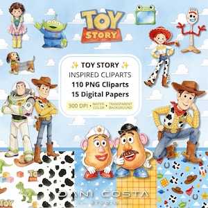 May include: A digital collection of Toy Story inspired cliparts featuring watercolor illustrations of Woody, Buzz Lightyear, Jessie, Slinky Dog, and other characters. The text reads Toy Story Inspired Cliparts, 110 PNG Cliparts, 15 Digital Papers.