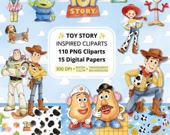 Paquete de imágenes prediseñadas inspiradas en Toy Story, 110 imágenes prediseñadas PNG en acuarela, 15 papeles digitales, decoraciones para fiestas de cumpleaños, PNG para sublimación, adorno para pastel.