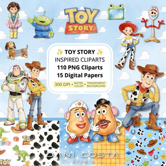 Toy Story Inspired Clipart Bundle, 110 Watercolor PNG Cliparts, 15 Digital Papers, Birthday Party Decorations, Sublimation PNG, Cake Topper
