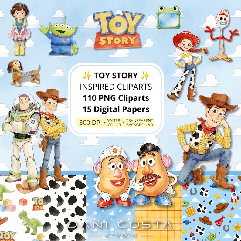 May include: A digital collection of Toy Story inspired cliparts featuring watercolour illustrations of Woody, Buzz Lightyear, Jessie, Slinky Dog, and other characters. The text reads Toy Story Inspired Cliparts, 110 PNG Cliparts, 15 Digital Papers.