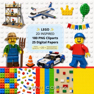 May include: A digital collection of LEGO-inspired clip art and papers featuring a construction scaffold with workers, a white airplane, a yellow crown, a green balloon, a bunting, a farmer minifigure, a police car, and a smiling minifigure.