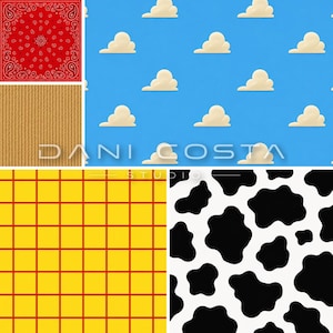 May include: A collage of five distinct patterns: a red paisley bandana print, a tan corduroy texture, a bright blue background with repeating white clouds, a yellow grid pattern with thin red lines, and a black and white cow spot pattern.