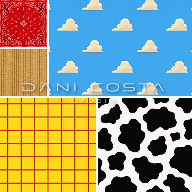 May include: A collage of five distinct patterns: a red paisley bandana print, a tan corduroy texture, a bright blue background with repeating white clouds, a yellow grid pattern with thin red lines, and a black and white cow spot pattern.
