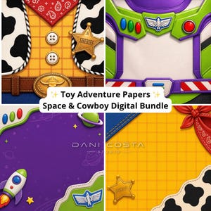 Può includere: Un pacchetto di carta digitale con disegni a tema spazio e cowboy. L'immagine mostra dettagli come un distintivo da sceriffo, un razzo e una tuta spaziale. Il testo recita "Toy Adventure Papers Space & Cowboy Digital Bundle."