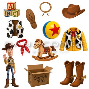 May include: A collection of toy-themed items including a cowboy hat, a cow-print vest, a yellow plaid shirt with a sheriff badge, brown cowboy boots with spurs, a red bandana, a lasso, a rocking horse, a ball with a red star, and a cardboard box.