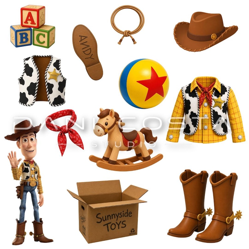 May include: A collection of toy-themed items including a cowboy hat, a cow-print vest, a yellow plaid shirt with a sheriff badge, brown cowboy boots with spurs, a red bandana, a lasso, a rocking horse, a ball with a red star, and a cardboard box.