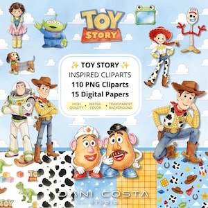 Paquete de imágenes prediseñadas inspiradas en Toy Story, 110 imágenes prediseñadas PNG en acuarela, 15 papeles digitales, decoraciones para fiestas de cumpleaños, PNG para sublimación, adorno para pastel.